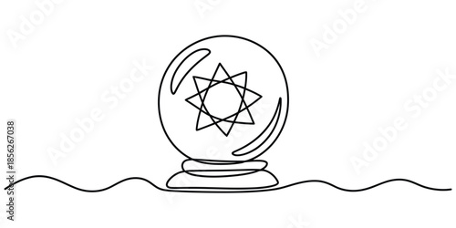 Continuous line drawing of a mystic crystal ball with an occult star symbol