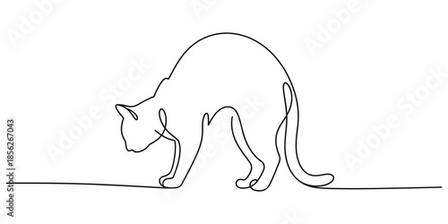 Elegant one line art illustration depicting a cat in an alert and playful stance