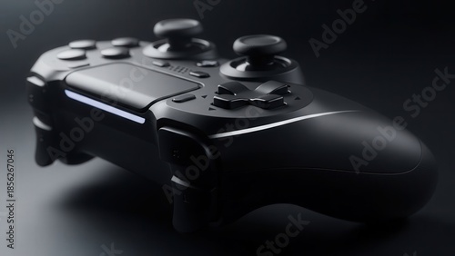 A close-up view of a sleek black game controller on a dark surface