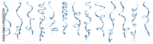 Wavy and curly blue glitter festive party streamers for decoration Vector, illustration