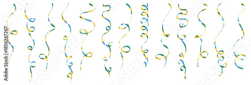 Colorful blue, green, and gold confetti ribbons swirling and falling for festive celebration Vector, illustration