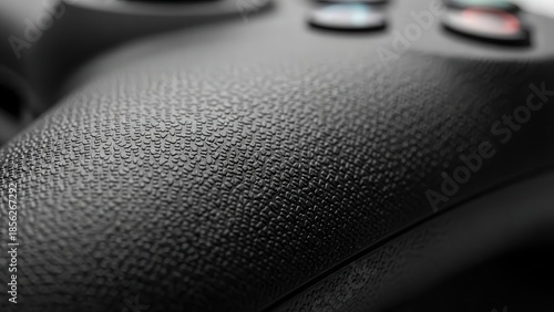 A close-up view of a textured black leather surface with buttons in the background
