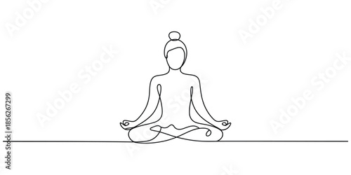Continuous line art illustration of a person meditating in a lotus pose for peace