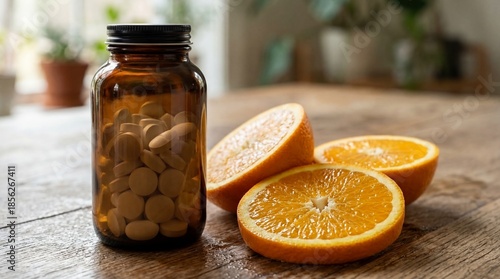 Natural immunity boost with organic Vitamin C supplements and fresh oranges.