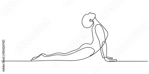 Continuous line drawing of a person performing an upward-facing dog yoga pose