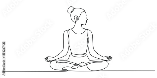 Simple one line drawing of a woman in a peaceful yoga meditation pose for relaxation and wellness