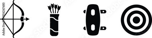 Archery icons set with bow arrow quiver target shield archery equipment black silhouette vector.