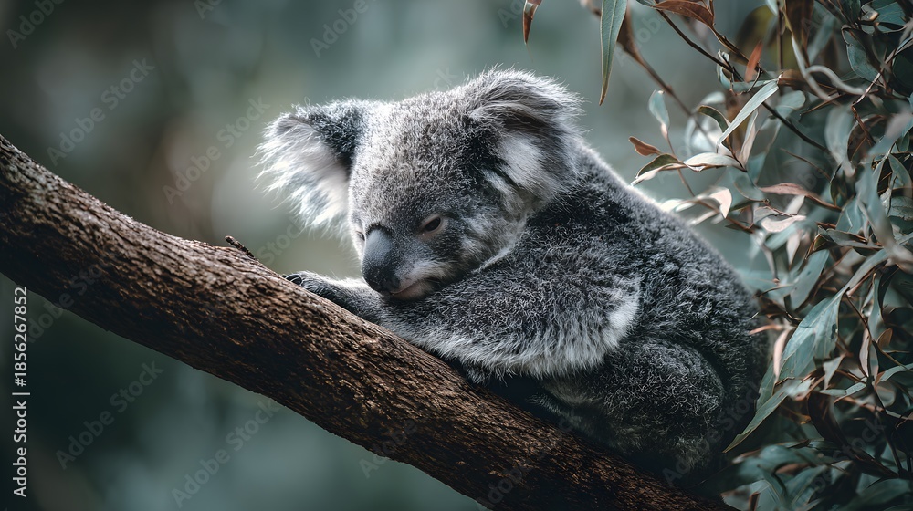 Obraz premium Adorable Koala Bear Resting Peacefully on a Tree Branch in Natural Habitat.