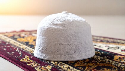 Close-up of a white prayer cap on a colorful prayer mat with a blurred background and warm lighting.