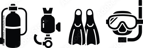 Scuba diving gear set in black and white for diving activities with fins and oxygen tank.