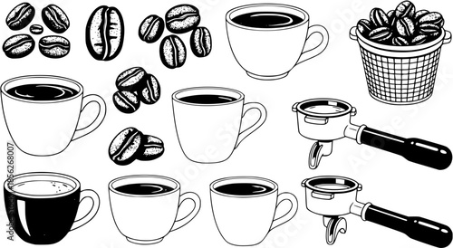 Coffee Cups and Beans Hand Drawn Vector Illustration