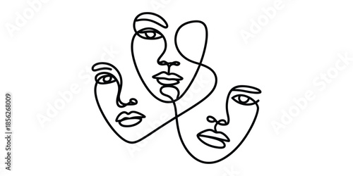Continuous line art of three abstract human faces showcasing connection and elegance