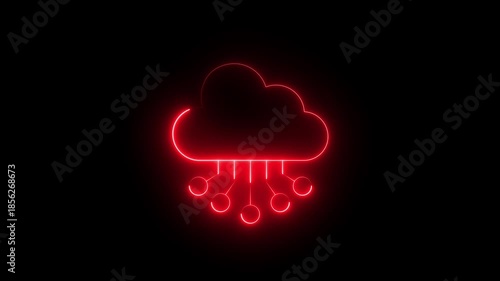 Neon Glowing Cloud Network Icon Animation on Black Background, Looping Data Connection, Cloud Computing, Server Infrastructure, Internet Technology, Digital UI UX Symbol