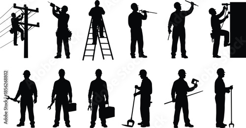 Construction and maintenance workers silhouettes set, technicians with tools, ladder and utility pole repair jobs isolated on white background