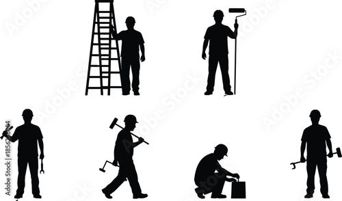 Black silhouettes of house painters and construction workers with tools and ladders isolated on white background, home renovation vector set.