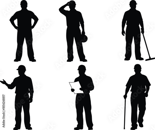 Construction worker silhouettes set in different poses, industrial laborer standing, inspecting, working, safety helmet figures isolated on white background