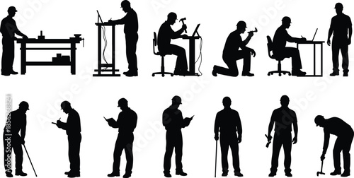 Construction workers silhouettes set showing industrial labor teamwork tools technology manufacturing jobs black vector illustration isolated on white background