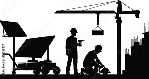 Construction workers silhouette at building site with crane and solar panels, renewable energy industry, engineering teamwork illustration vector