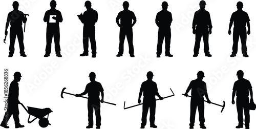Construction workers silhouettes set with tools, helmets and working poses representing industrial labor force isolated on white background