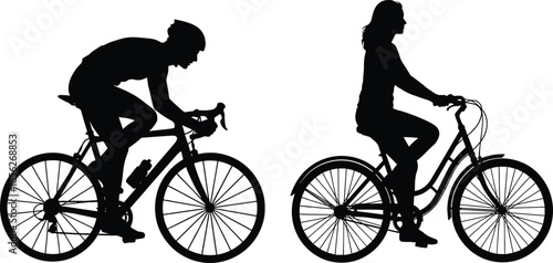 Cyclist silhouettes illustration showing man and woman riding bicycles isolated on white background for transportation, fitness and urban lifestyle concept design