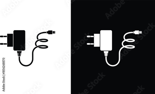 Electric charger and power adapter icon set with black and white contrast cable plug minimal technology illustration