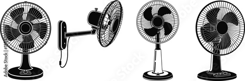 Electric fan silhouette set, table and wall mounted fans, home appliance cooling equipment, black vector illustration isolated white background