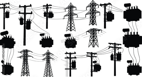 Electric power transmission and distribution elements set with towers poles transformers silhouettes showing electricity grid infrastructure isolated illustration