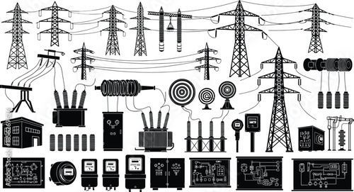 Electric power transmission and distribution equipment silhouettes set with high voltage towers transformers insulators meters industrial energy infrastructure vector illustration