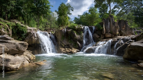 Beautiful cascading waterfall in a lush green forest with clear turquoise water.