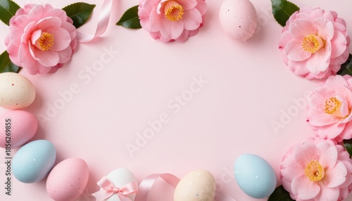 Easter Egg Arrangement Surrounded By Blooming Camellia Flowers On Soft Pink Background