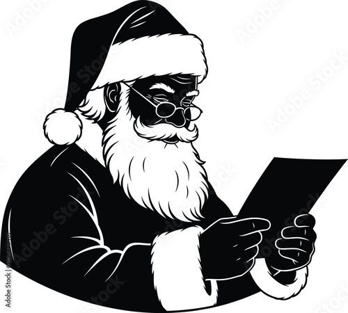 anta Claus reading list, Christmas silhouette illustration, Santa checking letter, holiday planning concept, black and white festive icon