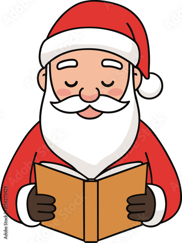 Cute Santa Claus reading book, Christmas cartoon illustration, festive holiday education concept, winter learning symbol, simple flat design