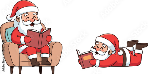 Cute Santa Claus reading book, Christmas cartoon illustration, holiday storytelling concept, festive winter education, cheerful character design