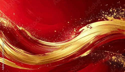 ゴールド紅の流線ブラシ墨絵キラキラ背景