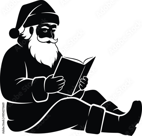 Santa Claus reading book silhouette, Christmas winter illustration, festive holiday education concept, minimal black design, classic Santa character