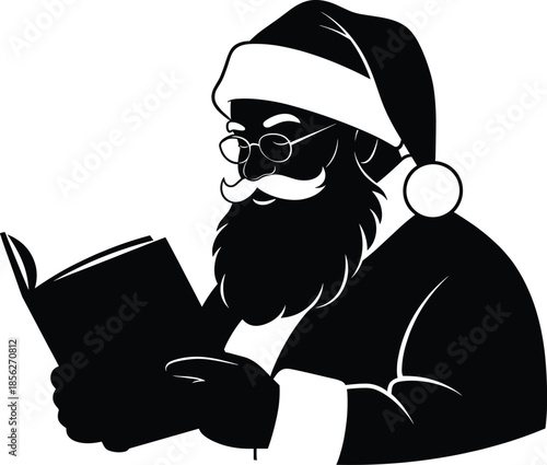 Santa Claus reading book, Christmas silhouette illustration, festive education concept, winter holiday icon, black and white minimal design