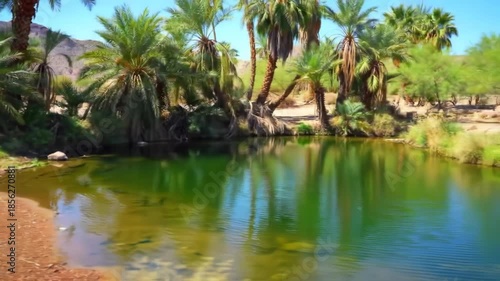 Desert Oasis With Lush Palm Trees And Reflecting Water