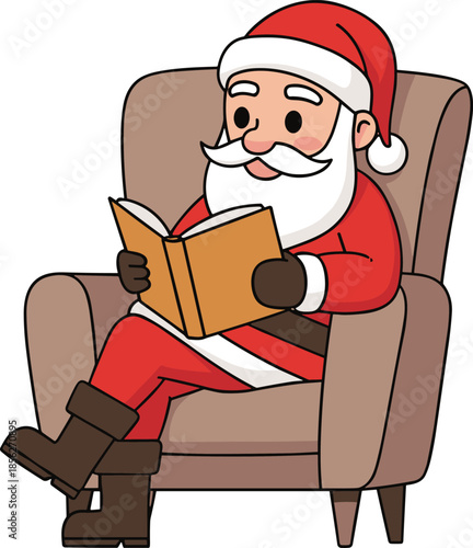 Santa Claus sitting on chair reading book, Christmas cartoon illustration, cozy holiday education concept, winter storytelling character, flat design