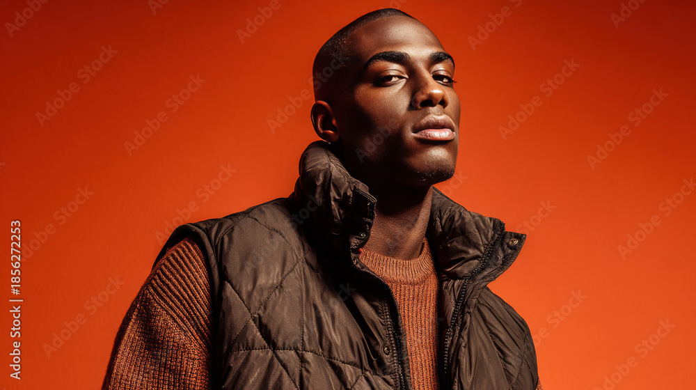 Fototapeta premium Stylish young man modeling autumn winter fashion collection with puffer vest and textured sweater against warm orange background