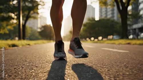 Close-up of a persons legs and running shoes as they jog along a paved path in a city park during a beautiful sunrise, casting long shadows and highlighting an active, healthy lifestyle and morning f.