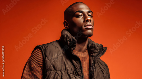 Stylish young man modeling autumn winter fashion collection with puffer vest and textured sweater against warm orange background