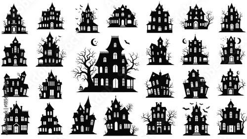 Collection of spooky haunted houses and buildings silhouettes