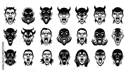 Collection of various angry and demon faces in black and white