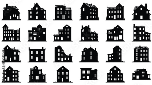 Collection of different house silhouettes on white background