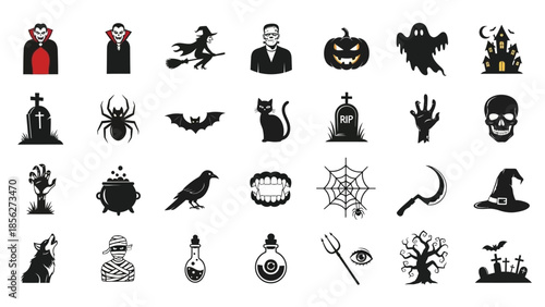 Halloween icons collection featuring spooky characters and symbols