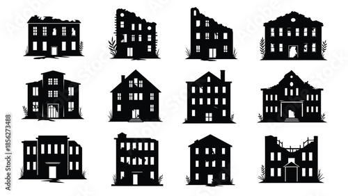 Collection of abandoned house silhouettes against white background