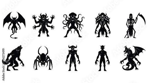 Collection of black silhouette monsters and creatures