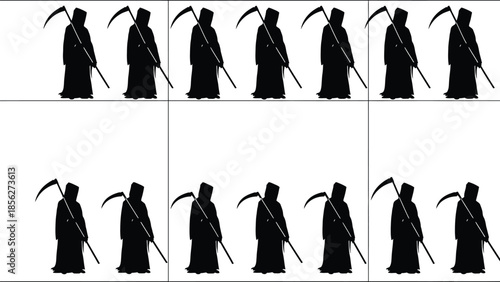 Grim reaper silhouettes walking in a grid pattern