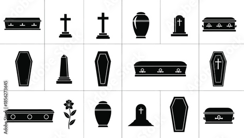 Collection of various black coffin and tomb icons on white background