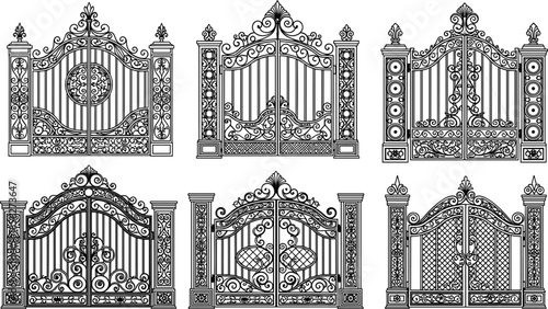 Ornamental wrought iron gate collection, luxury classic metal fence designs, decorative entrance gate set, vintage architectural elements, detailed black and white vector illustration